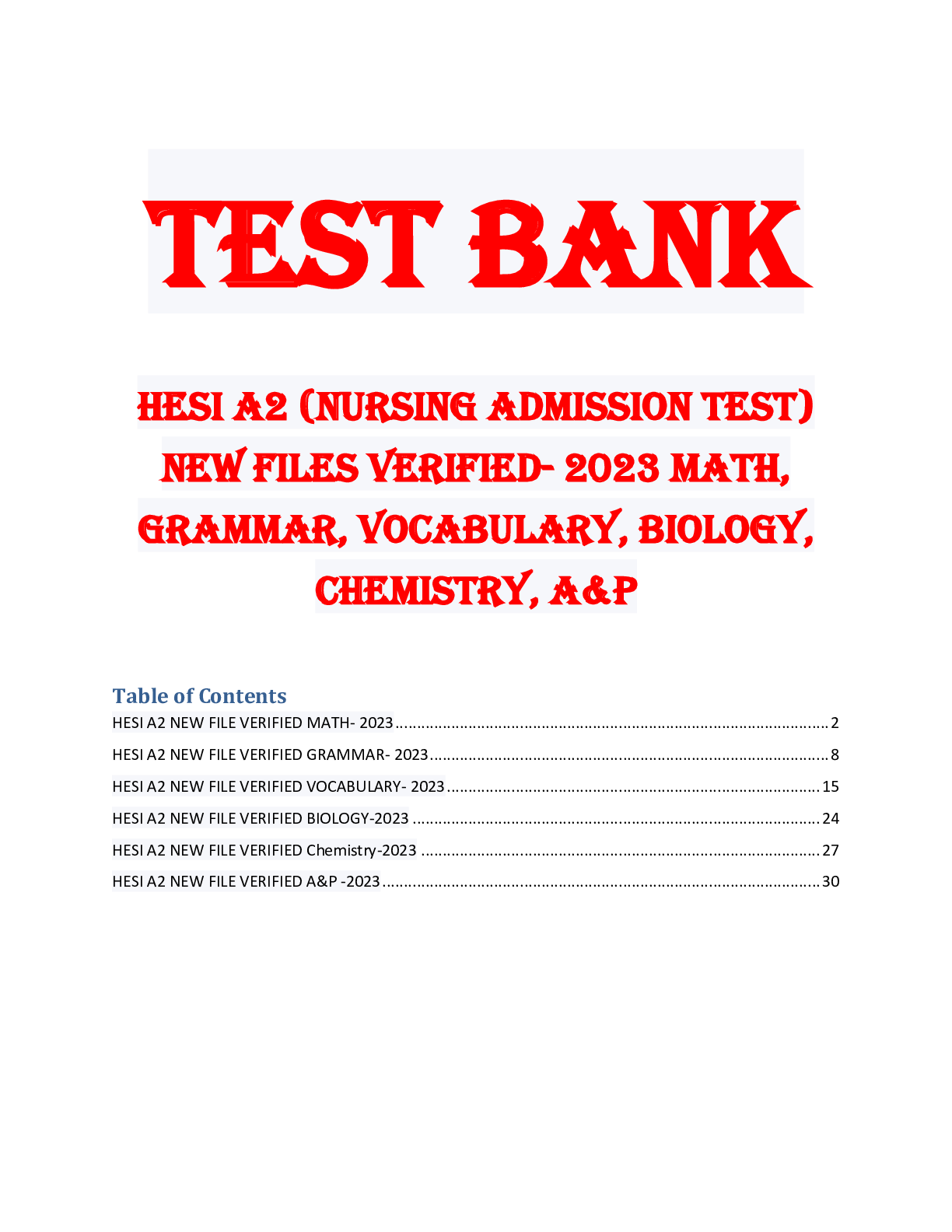 Preview image for TEST BANK HESI A2 (NURSING ADMISSION TEST) NEW FILES VERIFIED- 2023 MATH, GRAMMAR, VOCABULARY, BIOLOGY, CHEMISTRY, A&P